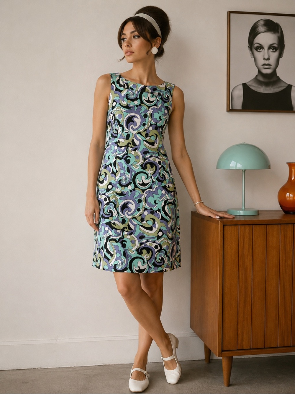 60s Mod Style Shirt Dress Size Medium Psychedelic Twiggy SeaFoam Retro GoGo Girl